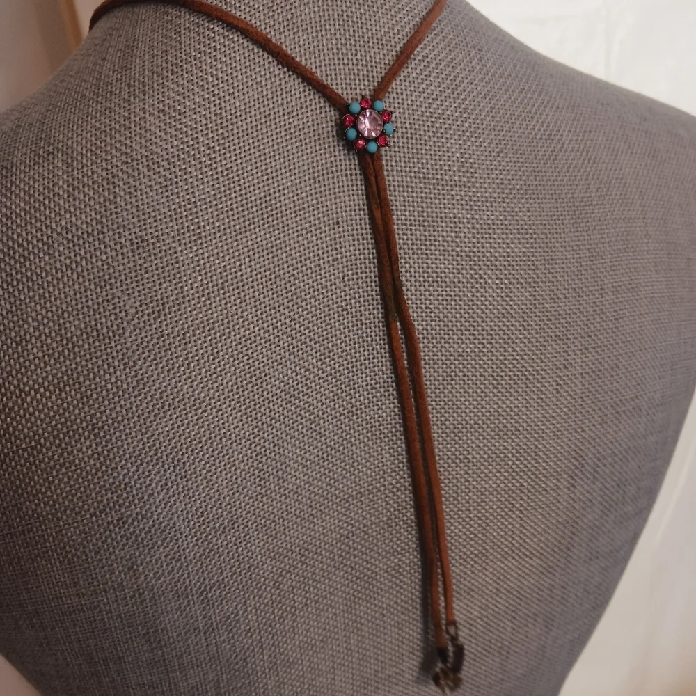 Leather String Rhinestone Necklace - Picture 10 of 11